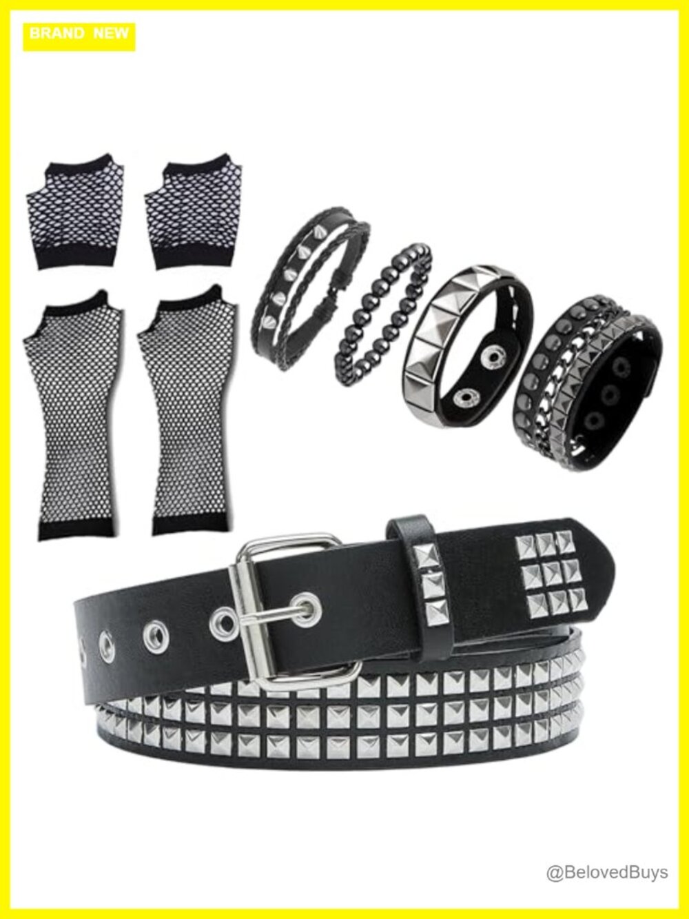 Studded Belt Set with Bracelets Gloves PU Leather Punk Gothic